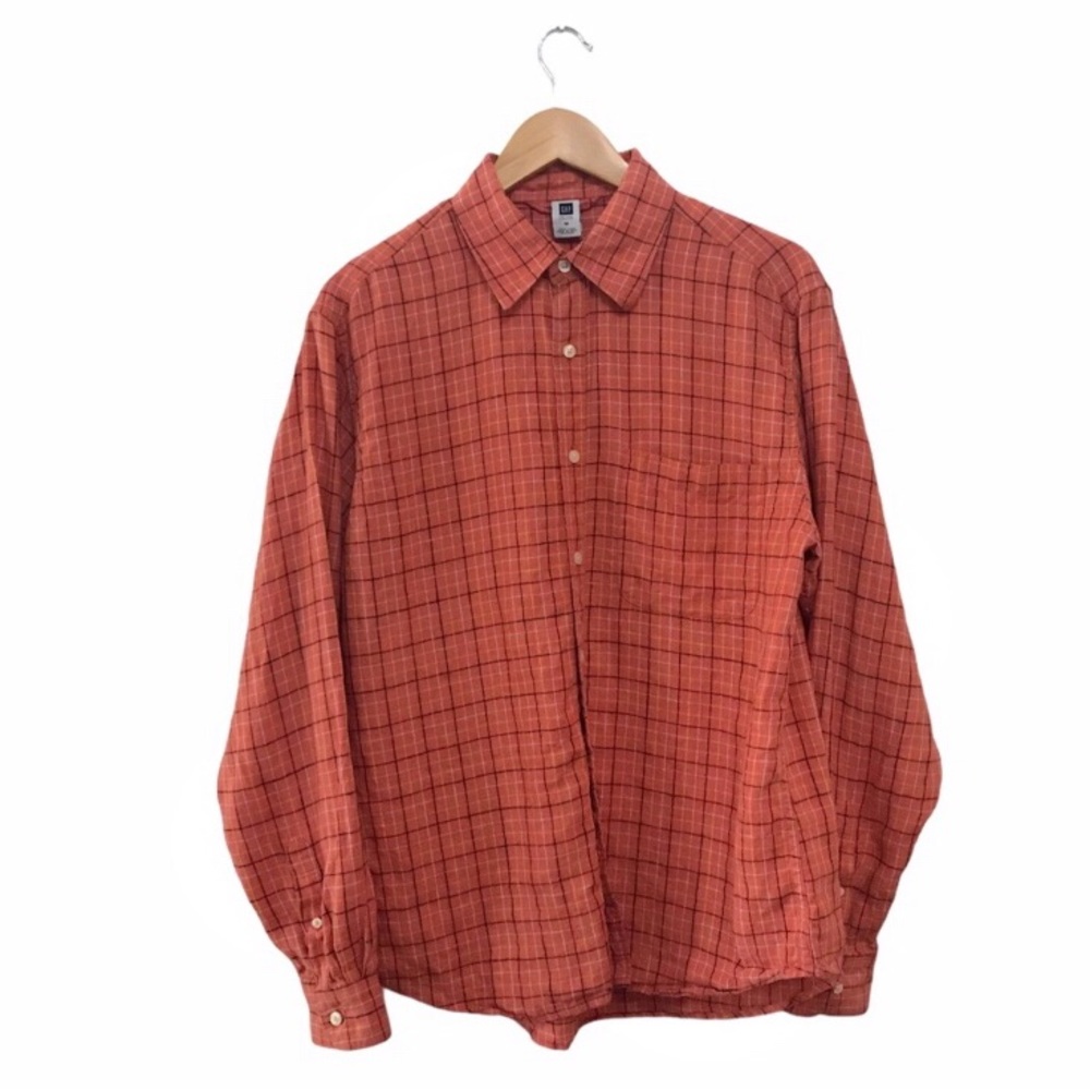 Gap Factory Orange Red Linen Plaid Long Sleeve M